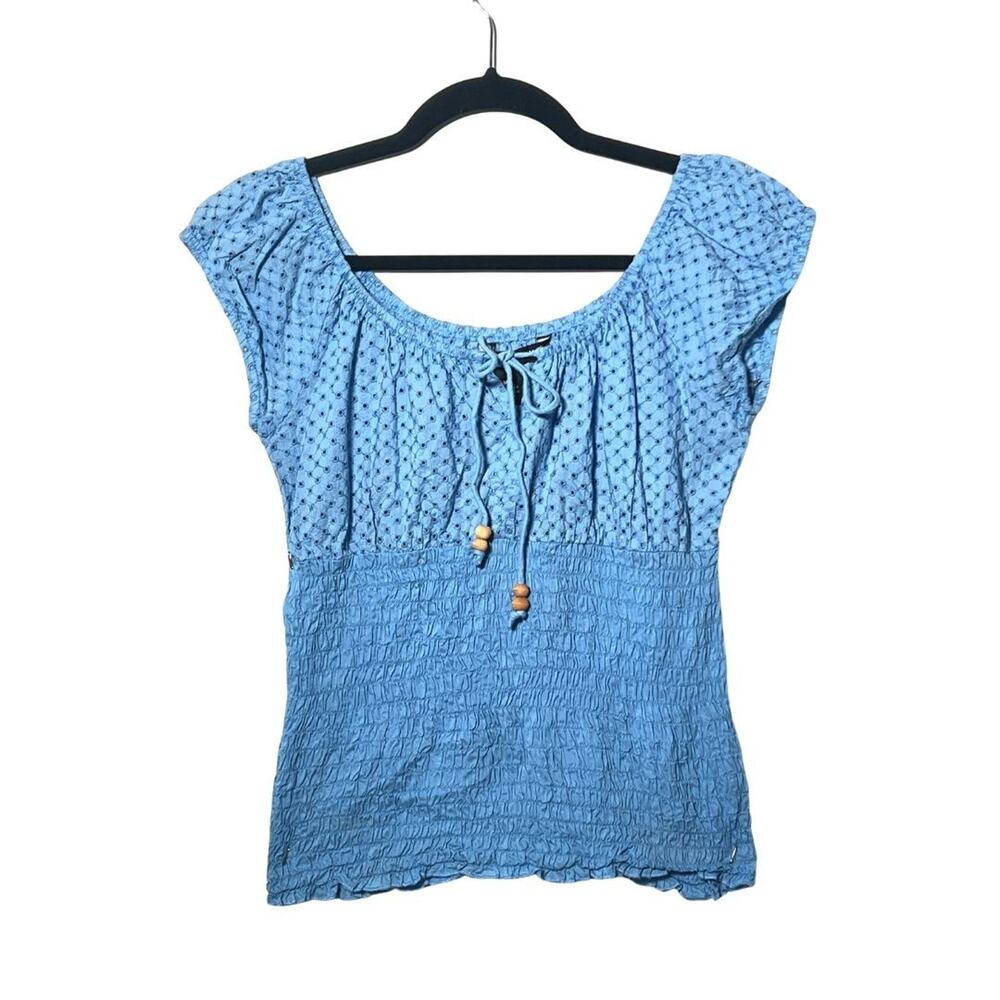 Antilla Femme Blue Smocked Waist Eyelet Peasant Top Size Medium Boho 100% Cotton